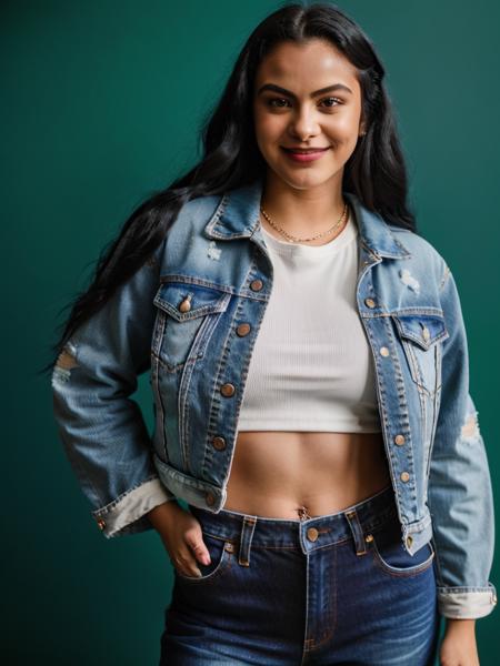 Realistic photo of a beautiful c4m1l4m woman, 1girl,solo,long hair,looking at viewer,smile,black hair,jacket,midriff,pants,lips,crop top,torn clothes,blue background,denim,jeans,realistic,hands in pockets,jacket on shoulders,torn pants,torn jeans,denim jacket, soft lighting, professional Photography, Photorealistic, detailed, RAW, analog, sharp focus, 8k, HD, high quality, masterpiece<lora:c4m1l4m:1.0>