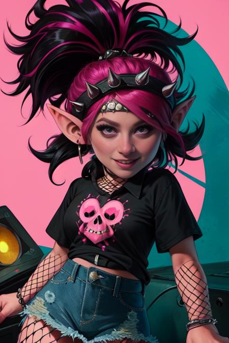 QueenPoppy, pink and black hair, ponytail, pink eyes,pointy ears, solo,  happy,  cowboy shot,  standing, 
black shirt with skull, wild hair, ear pericing, black eyeshadow, headband with spikes,  fishnets,  jean skirt, 
flames, speakers,
  (insanely detailed, beautiful detailed face, masterpiece, best quality)   <lora:QueenPoppy-10:0.7>