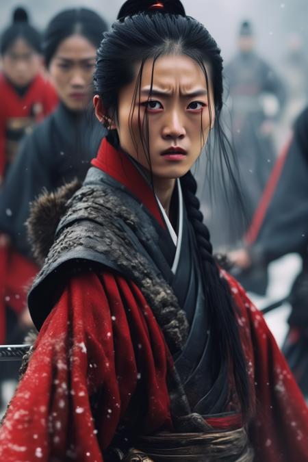 <lora:Director Zhang Yimou style:1>Director Zhang Yimou style -In an ancient Chinese Temples. a young chinese boy with black Braided hair and steely eyes,clad in black and red Hanbok, Animal skin shawl, fur cloak, holding a long sword in her hand,,surroundedsoldiers clac in armor,Cloudy day,Photography,Super realistic Surprisingly portrayed features,Super realistic,movie stills, characters full of details, the picture has impact Global Illumination,Perfect Lighting,Epic Lighting, Symmetrical+ Detailed+ Cravag Lighting Style, Character Portrait Best Quality,High Resolution,HDR, Shallow depth field,blurred background,raytracing,dslr,Maxon C4[ arnold render,V-Ray,High Detail,3D rendering