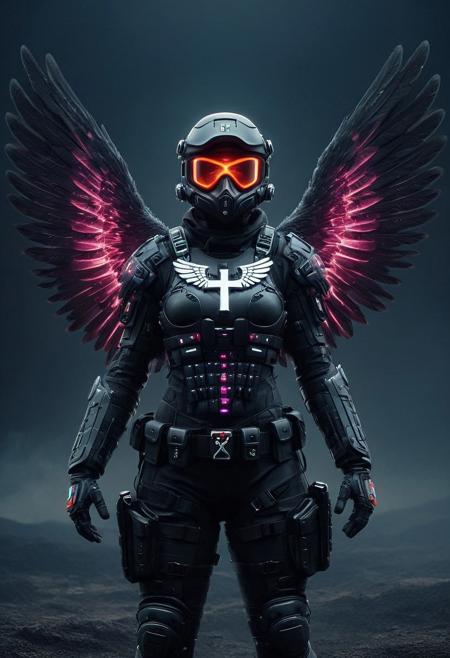 (((score_9, Score_8_up, score_7_up))),  Dark Angel with rgb wings, wearing a tactical outfit, a Swiss cross glowing on her chest, dark smoky sky, surreal and intense, whimsical, 4k resolution