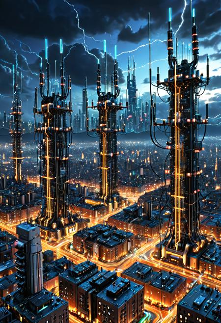 (masterpiece), (best quality), ultra-detailed, futuristic cityscape, Transistors, neon circuitry, glowing cables, electric arcs in the sky, cyberpunk skyline, overcharged energy grid, reflective metal surfaces, night time, digital clouds, pulsating electric lights, sci-fi environment, energy towers
