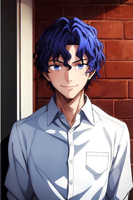 (masterpiece, best quality:1.2), highres, anime screencap, anime coloring, 1boy, solo, male focus, smile, 
SNF_V1, blue hair, short hair, wavy hair, bangs, blue eyes, purple eyes, 
white shirt, collared shirt, 
standing, 
upper body, looking at viewer, 
<lora:add_detail_CyberAlchemist:0.4>, <lora:GoodHands-beta2:0.8>, <lora:ShinjiMV2:0.85>