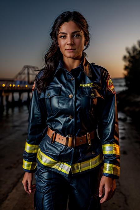 firefighter costume ,  jetty , evening  <lora:Monica1873Barbaro:1> masterpiece, best quality, detailed face, 1girl, solo, a woman, m1873b,
