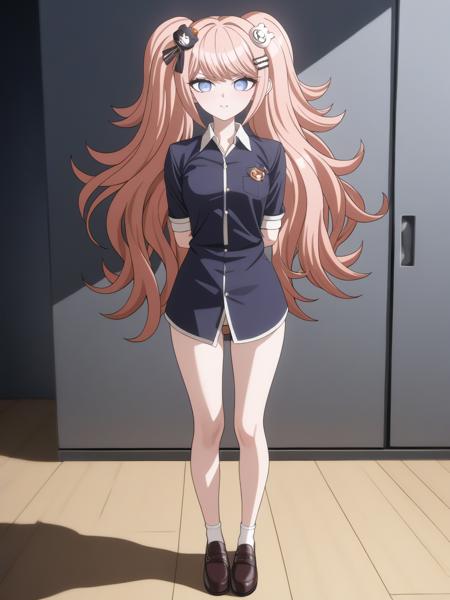 (junko, long hair, blue eyes, twintails, enoshima junko, bangs, shirt, hair ornament, bear hair ornament, bow)