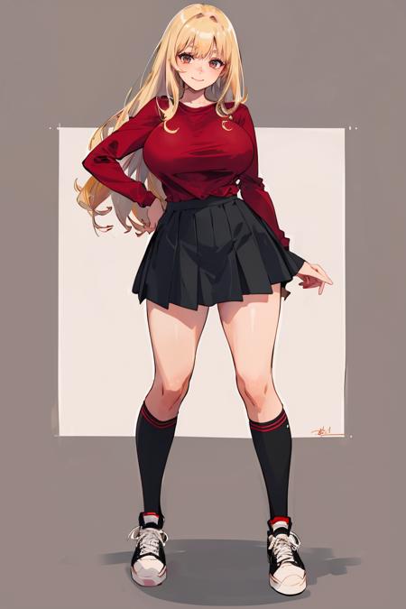 (best quality, masterpiece:1.2), detailed eye, intricate detail, depth of field, 1girl, happy, standing, full body,  (simple background:1.2), red shirt, skirt, kneehighs, sneakers, blonde, freckles, ( large breasts:1.2)