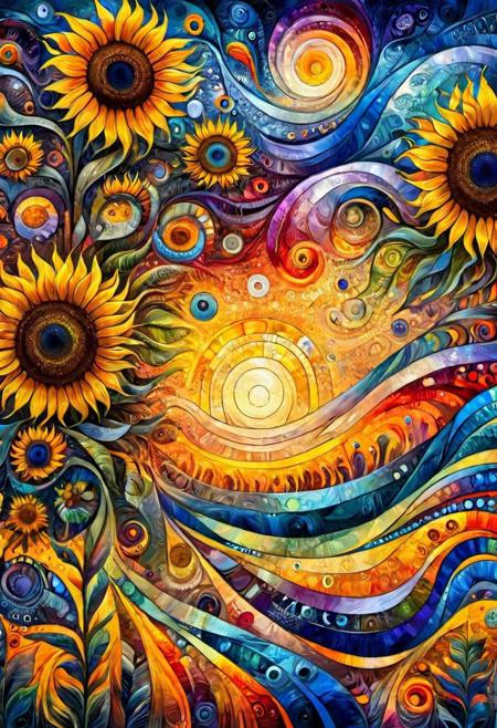 a magnificent swirl sunset made of millions of sunflowers on a strange and mysterious ocean alien palette. ral-colorswirl. It's very textured and detailed with dreaming lot of whirlwind multicolored and dreaming dust