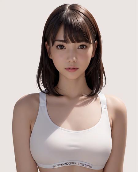 best quality, photorealistic, 8k, high res, 1girl, woman, (skindentation), (portrait:0.6), gorgeous, ((whitebackground, sport bra, small breast:1.55)), (very short brown hair, parted bangs:1.6), looking at viewer,  (1girl eyes looking at viewer:1.6), photorealistic, (bokeh), (smile:1.3), gorgeous, pureerosface_v1:1, <lora:koharu suzuki v2:0.48>