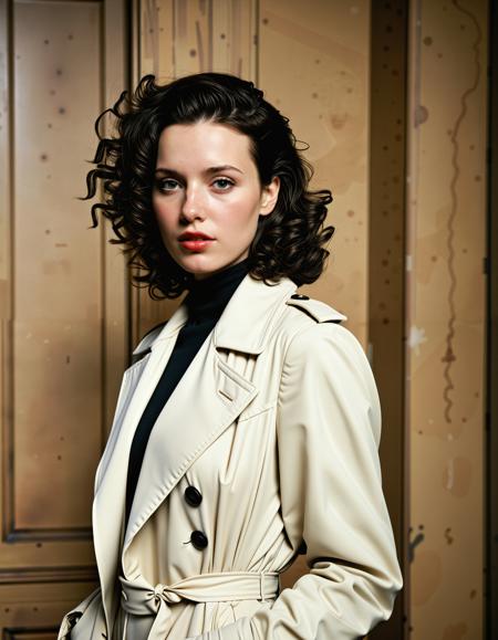Rebecca Raven, full body analogue photo of a beautiful 25 years old woman, clear focus, 8K,Female Noir Detective, Paris, 1940s: 1 woman, (intelligent gaze) with [analytical mind], short styled curly dark hair, wearing a (feminine) coat with [noir] accessories, and a perceptive expression, inspired by the works of (Rene Gruau) and Jean Dubuffet, with (moody colors) and (expressive brushstrokes), characterized by (atmospheric composition) and sense of mystery, (noir atmosphere) and curious nature. ,photo Fantasy art combining the styles of Boris Vellejo and Luis Royo,Photorealistic, real photo, god rays, 1girl, 21yo,realistic, <lora:Rebecca_Raven_SDXL_V3:0.8>