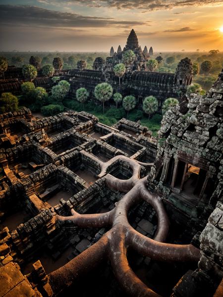 langscape of angkorwat at dawn, monk, ruins, temple, statue, most, tree, root, stone, epic, dim light <lora:ARWangkorwat:1>, <lora:add_detail:0.5>