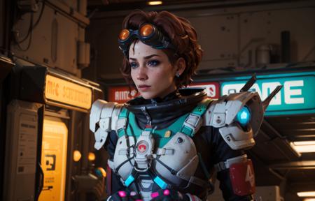 masterpiece,  best quality, 
(solo), 1girl, look sideways, dim light, 
Horizon_\(apex legends\), goggles, blue eyes, brown hair, gauntlets, shoulder armor,  headwear, (freckles:0.5), 
(science_fiction), outdoors, street, neon lights, cyberpunk,