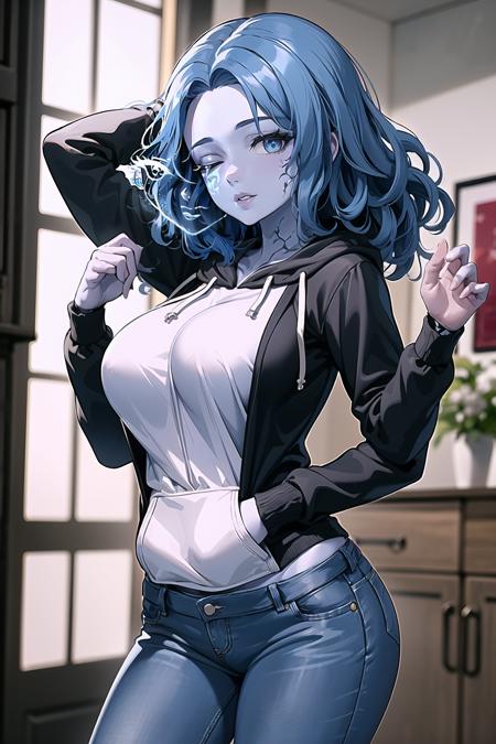 masterpiece, best quality, IncrsRanni, wavy hair, cracked skin, colored skin, blue skin, (extra faces, extra arms:1.2), <lora:RanniV4LoRA:0.9>, doll, joints, doll joints, cowboy shot, large breasts, hoodie, black hoodie, hood down, jeans, indoors,