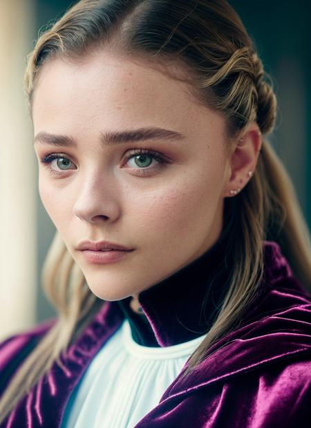 portrait of skswoman, interested , wearing velvet , with ash brown Half-up, half-down hairstyle , background vatican city epic (photo, studio lighting, hard light, sony a7, 50 mm, matte skin, pores, colors, hyperdetailed, hyperrealistic), <lyco:Chloe Grace Moretz:1.1>