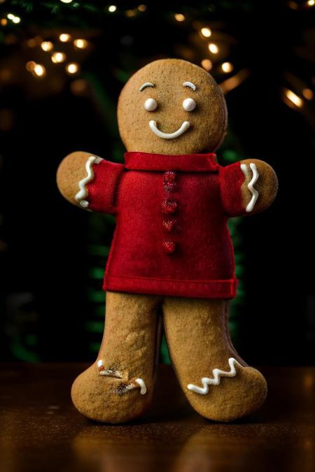 Gingerbread_Man, food, cookie, food focus, no humans, an extremely gritty detailed HD 8K photograph of a gingerbread ban and woman wearing very festive cookie clothing dancing on the table in front of a beautifully decorated pine Christmas tree, detailerlora, beautiful subtle very soft yellow lights