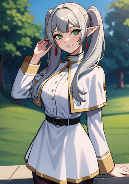 <lora:frieren:0.6>, frieren, 1girl, solo, long hair, breasts, looking at viewer, smile, bangs, long sleeves, dress, twintails, jewelry, green eyes, grey hair, pantyhose, cowboy shot, earrings, outdoors, parted lips, day, pointy ears, striped, belt, white dress, grin, arm up, black pantyhose, capelet, elf, arm behind back, black belt, white capelet ,