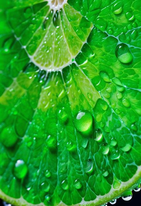 Stunning close-up photograph of a vibrant lime slice, showcasing the beauty of the fruit's green flesh and the allure of its glistening water droplets. The image captures the essence of the lime in breathtaking detail, highlighting its refreshing and organic nature. The photograph is a work of art in itself, with a rich green color palette and a stunning display of liquid textures that create a sense of movement and energy. This photorealistic image invites viewers to appreciate the simple beauty of the lime and the artistry of macro photography.