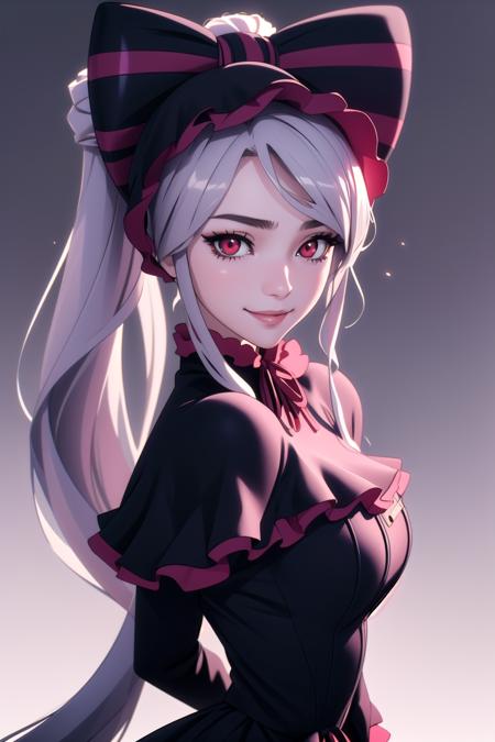 masterpiece, best quality, (colorful), (delicate eyes and face), volumetric light, ray tracing, extremely detailed CG unity 8k wallpaper, <lora:Shalltear_7_20:0.9> shalltear, gray hair, very long hair, medium breasts, red eyes, pony tail, bonnet, hair bow, black dress, looking at viewer, seductive smile, captivating pose, cowboy shot, simple background