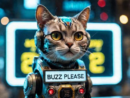 A cyborg cat, "BUZZ, please!" signboard, cyberpunk science laboratory