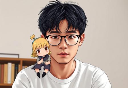 a chibi little blond haired princess is sitting on the shoulder of a male writer. the male writer has deep set eyes and a fierce gaze with shining pupils and dark corneas. He has soft kind eyes. He's slightly slovenly with messy dark black hair and wears a set of glasses. he's slightly bookish, meek, and timid. he has a round unassuming face. the male author is 30 years old and middle-aged. he wears casual clothes consisting of a simple white t-shirt. the chibi little prince hovers around him writing like a small spirit. the male author is Asian and of Chinese descent.