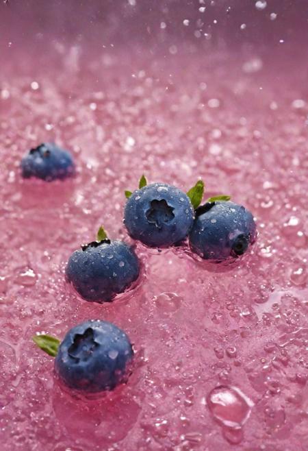 refreshing, vibrant glowing 3 blueberries, floating in the water,  macro photography, dew drops, pink lighting, glitters in the water, refreshing  , in the style of a product hero shot in motion, dynamic magazine ad image, photorealism, flowing water background, sunshine, sparkling in the water