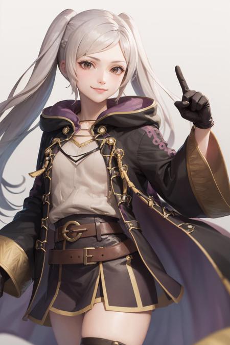 (masterpiece, best quality:1.2), <lora:fireemblem_robin_female-13:1>, cowboy shot, solo, 1girl, robin \(fire emblem\), smile, closed mouth, looking at viewer, peace sign, twintails, brown eyes, robe, long sleeves, gloves, belt