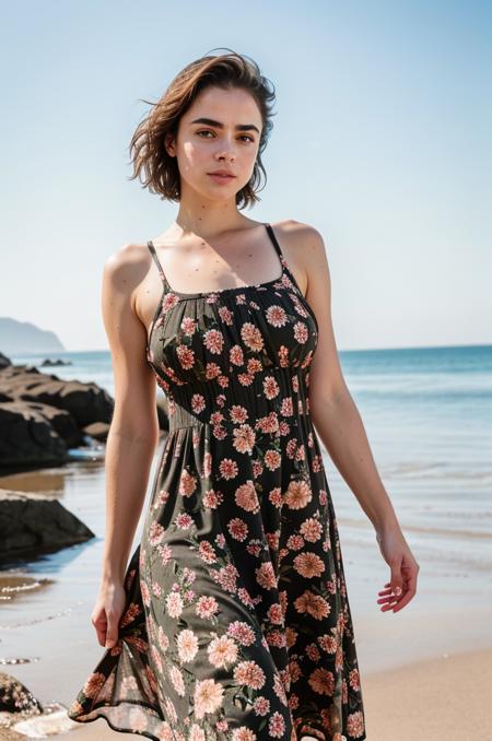 photograph, tv_Solomiya_Maievska_PB_V1, very large breasts, ,(((wearing a floral print sundress))), standing, full body shot, eyeliner, beach, flirting with the camera, walking toward the camera,, epiCRealism, epiCPhoto,  <lora:epi_noiseoffset2:1>,  epiCRealism , f1.4, 40mm, photorealistic, raw, 8k, textured skin, skin pores, intricate details,