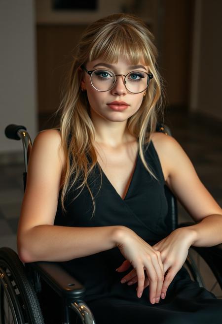 pretty quadriplegic young woman sat in her wheelchair. crazy skinny, she can't mover her arms. From russia, wearing thin hipster round wire glasses aged 26. She has soft skin and blonde hair. hair bangs. She has thick black eyeliner flicks and plump shiny lips. She is wearing a black dress as its a formal party and she is trying to playfully flirt. disability fetish, cripple fetish, paralyzed fetish, devotee.