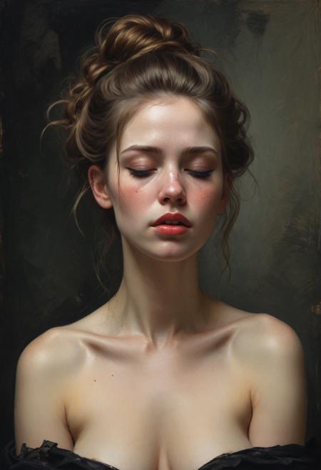 full shot of The most Beautiful girl, partial nude, updo, eyes closed, frowning, Black over black, top light, masterful painting in the style of Anders Zorn | Marco Mazzoni | Yuri Ivanovich, Todd McFarlane, oil on canvas  <lora:sdxl_lightning_8step_lora:1>