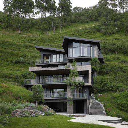 a single house on a hill, the house is entirely made of an element from the elemental table, high detail, hdr, elemental garden, complex house design