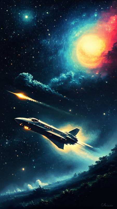 <lora:MidjourneyV6.1:0.75>, midjourneyv6.1, City, unique artstyle, amazing gaming poster, novuschroma style, chrmtcgldCE_style, ImpressionistStrokes, spaceship, Oasis is the thoughts and mind with which we live every day, space, galaxy,  Minimum colors, everything on a black background, Psychedelic