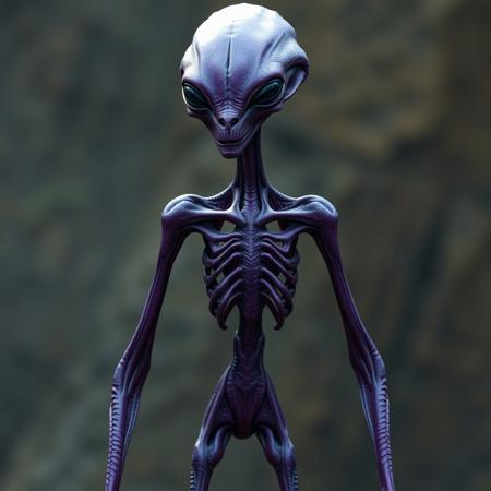 A 7 foot tall slender limbed  alien. Humanoid with elongated skull , purple skin, 2 slits for a nose, thin mouth , long limbs , asexual