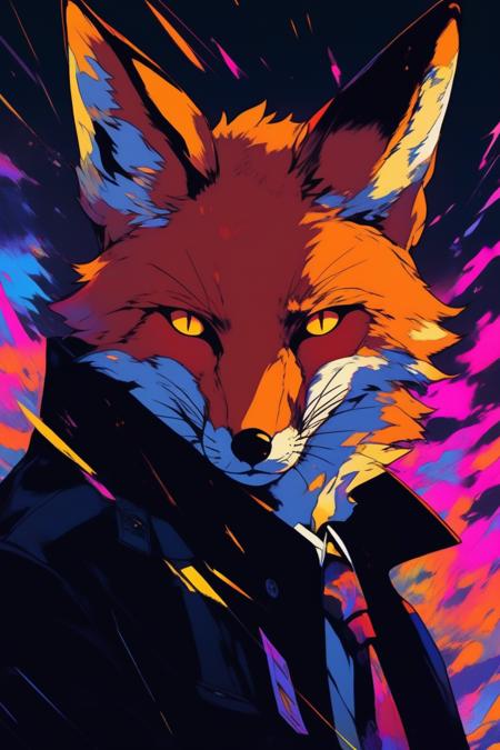 illustrator, anime style, portrait art style , Fox,  portrait, habit,layer cake, fluorescent gradient background, Amber hair, Peter Sedgley,burglar ,  your name, Deep, shadowy eyes, textured shading, Intense emotional depth, Captivatingly eerie presence, (masterpiece,best quality)