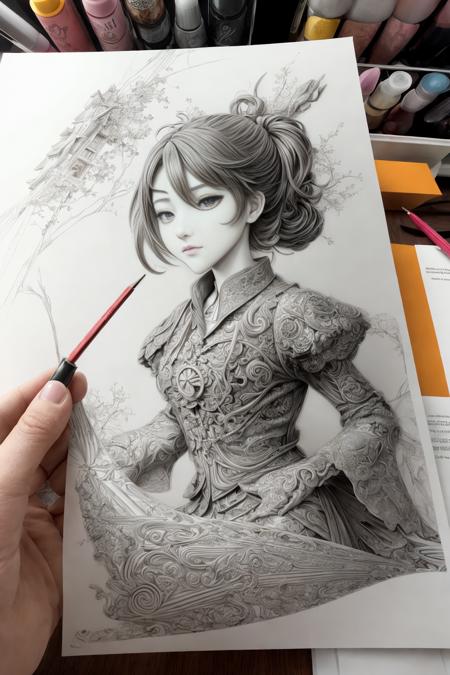 <lora:dibman_v1:1> 
masterpiece, best quality, intricate details, highly detailed animation, anime, hand-drawn art, Real-Time Ray Tracing lighting, volumetric lighting, volumetric shadows, 8k-perfect-octane
1girl, dibman, hand on hip, hand-drawn, monochrome, nail polish, signature, traditional media , pencils
pagoda with An environment with wabi-sabi trends and furniture made by famous designers