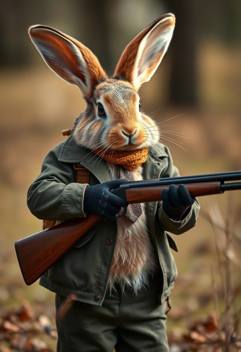 rabbit dressed as a hunter holding a shotgun, hunting business men
