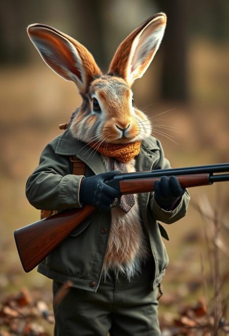rabbit dressed as a hunter holding a shotgun, hunting business men