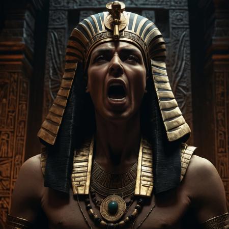 old testament pharaoh of egypt, 
looking down, 
screaming, 
angry, 
perfect composition, 
beautiful detailed intricate insanely detailed octane render trending on artstation, 
8 k artistic photography, 
photorealistic concept art, 
soft natural volumetric cinematic perfect light, 
chiaroscuro, 
award - winning photograph, 
masterpiece, 
oil on canvas, 
raphael, 
caravaggio, 
greg rutkowski, 
beeple, 
beksinski, 
giger