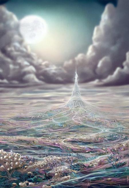 lazypos, pearlum, A surreal, fantasy landscape viewed through a circular cutout in a white foreground. The cutout reveals an enchanted night scene with a glowing full moon over distant misty mountains. A winding river reflects the moonlight, weaving through a valley filled with vibrant pink and blue flora. The circular frame is adorned with intricate, wispy branches and delicate flowers, seamlessly blending into the dreamy atmosphere. The white foreground contrasts sharply with the vivid, mystical world within, enhancing the feeling of looking into another realm of swirling sand