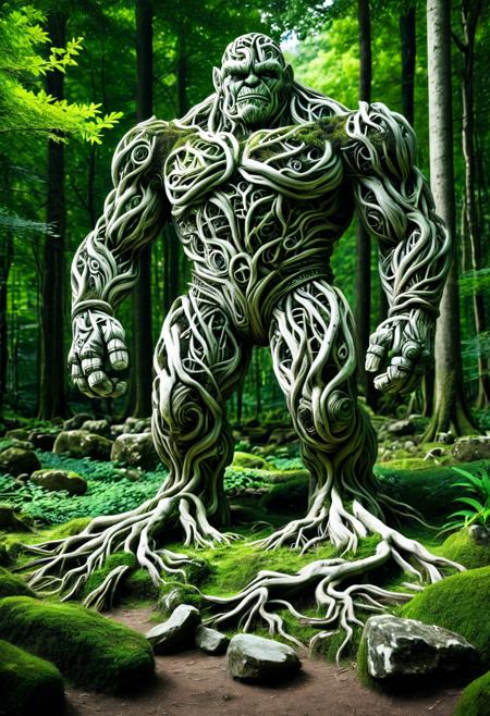 score_9,score_8_up,score_7_up, PG-TR, This is a vibrant, fantasy illustration of a large, golem-like figure that appears to be made of stones and rocks, partly overgrown with lush green foliage. The figure stands in a forested environment, with trees and plants surrounding it, and in the background, ruins or other stone structures are visible. The sky above is clear blue with some white clouds, indicating a sunny day.
The colossus itself is impressively large, with a broad posture and thick, robust limbs. Its body is a mix of gray and brown stones, some smoother than others, with cracks and moss growth emphasizing its age and natural integration. The most striking feature is the dense layer of bright green leaves covering large parts of its torso, shoulders, and upper legs, as if it has become part of the forest itself.
The colossus's face is somewhat human-like, with a stylized, flat nose and indentations suggesting eyes, all formed from stone. The overall atmosphere of the image is one of wonder and mystery, fitting for a fantasy world. <lora:Treeroots_0_90_multi2_Handprocessed_V2:1>