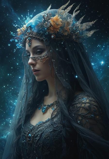fantasy art beautiful close up, 
A veil, 
Winter head cover, 
Headdress, 
Full dress, 
mask, 
face of zombie translucide Amazing Awe-Inspiring Cosmic Creatures Parade: Explore A Cosmic Parade Of Fantastical Creatures. Picture Celestial Beings Adorned With Stars And Galaxies, 
Marching Through The Cosmos In A Celestial Celebration Carne Griffiths, 
Agostino Arrivabene) Dark, 
Moody, 
Colored Pencil Drawing, 
" by Andreas Rocha, 
DANGIUZ, 
Jordan Grimmer; CGSociety, 
Zbrush Central, 
fantasy art 4K 64 megapixels 8K resolution HDR; volumetric lighting", 
Nikolina Petolas, 
Peter Gric, 
Dariusz Klimczak, 
surreal hallucinatory intricately detailed sharp focus"