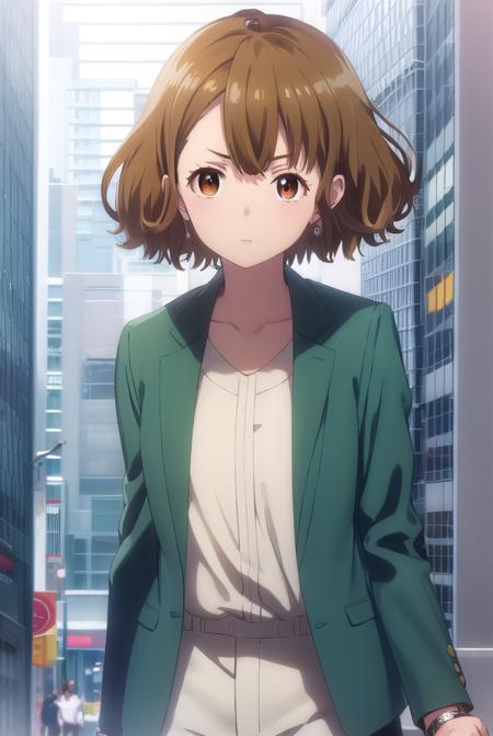 yuzuhamishima, <lora:yuzuha mishima s1-lora-nochekaiser:1>,
yuzuha mishima, short hair, brown hair, (brown eyes:1.5),
BREAK shirt, long sleeves, jacket, white shirt, open clothes, pants, black footwear, watch, green jacket, wristwatch,
BREAK indoors, office,
BREAK looking at viewer, (cowboy shot:1.5),
BREAK <lyco:GoodHands-beta2:1>, (masterpiece:1.2), best quality, high resolution, unity 8k wallpaper, (illustration:0.8), (beautiful detailed eyes:1.6), extremely detailed face, perfect lighting, extremely detailed CG, (perfect hands, perfect anatomy),