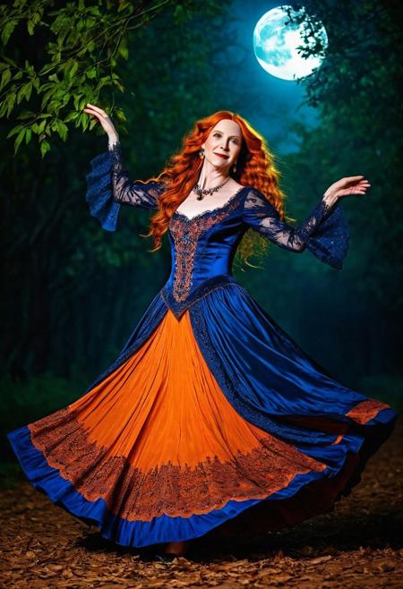 A captivating, cinematic night time photo of elegant beautiful goth vampire woman slowly dancing, slight smile, arms out, smiling, age 50 with long curly orange hair and freckles, full body view. She is dressed in an exquisite, orange and royal blue Victorian dress adorned with intricate lace and silver thread patterns. Her long orange hair flows elegantly, and her eyes are a striking shade of green. Matching slippers enhances her look. A large black arabian horse watches from behind. The background is a mystical, moonlit forest glowing lanterns, creating an atmosphere of supernatural enchantment., DarkFantasy, photo, cinematic,