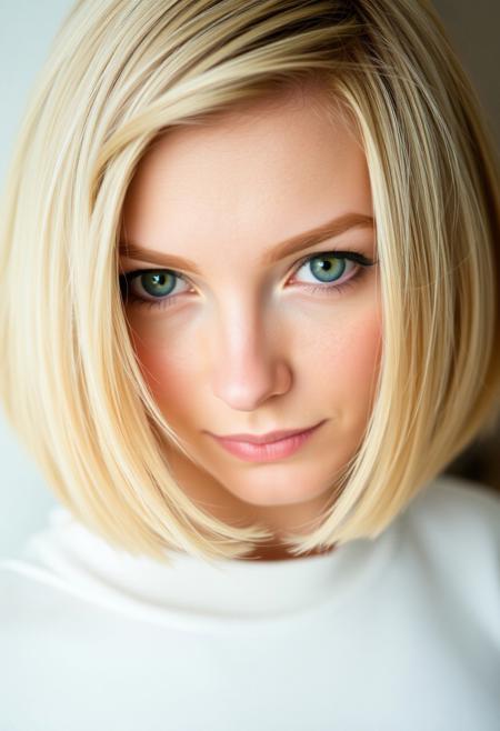 woman, blonde bobcut hair, parted half hair, green and blue eyes,