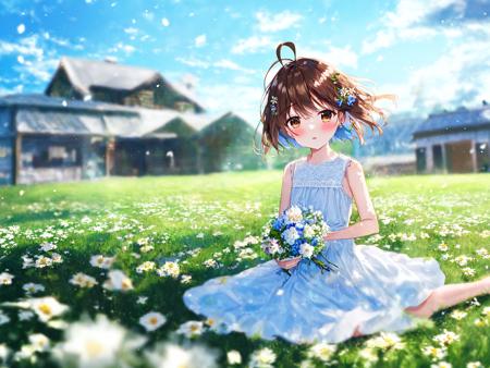 masterpiece,solo,1girl, flower, outdoors, solo, brown hair, house, dress, brown eyes, hair ornament, day, cloud, sitting, sky, holding flower, holding, grass, white dress, looking at viewer, blush, short hair, blue sky, artist name, wariza, blurry, sleeveless dress, bare shoulders, sleeveless, bangs, antenna hair, watermark, blurry background, field, building, ahoge, english text, white flower, hairclip, cloudy sky, depth of field