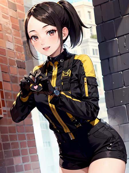 (extremely detailed CG), (best quality), perfect face, shiny skin, lustrous skin,wide hips,narrow waist 1girl,solo   <lora:YokoUsami-10:0.7> Yokousami,black gloves,wristwatch,black eyes,short shorts,black shorts, boots, gloves, ponytail,jacket,shorts, black hair,short hair,smile, heart, (heart hands:1.3)