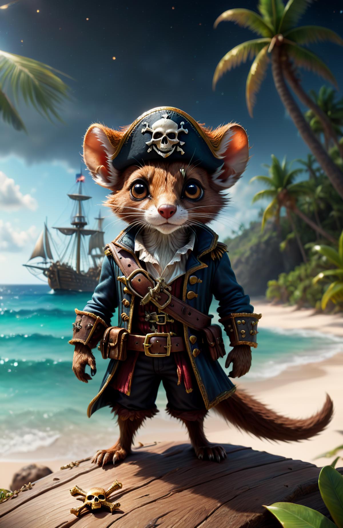 A Cartoon Pirate Mouse with a Sword on a Beach.