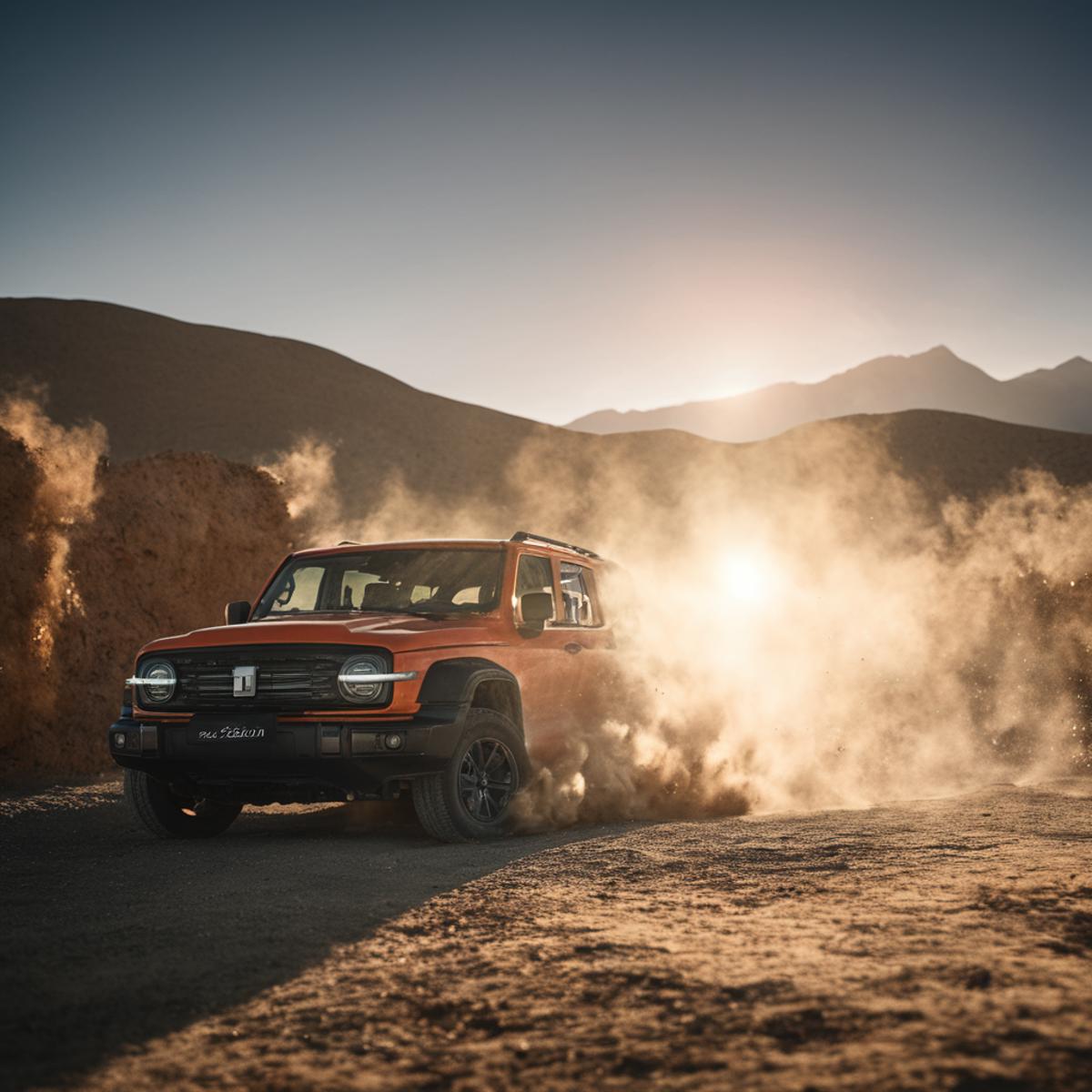 A dusty orange SUV driving down a dirt road.