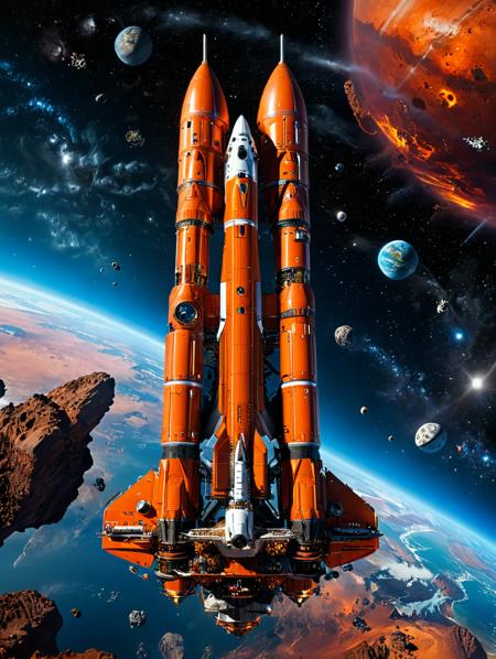 vivid color , masterpiece , falcon super heavy rocket to mars sci-fi science fiction writers 1800's to 1900's Jules Verne , Arthur c Clarke , inter galactic space travel , rise and fall of an space empire 1000 years ,intricate technology beyond human imagination , Xeno tech, Xeno biology, infinite clean energy <lora:add-detail-xl:1>, <lora:xl_more_art-full_v1:1> ,vivid color