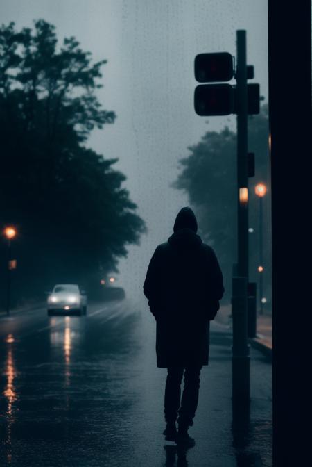 ((MASTERPIECE:1.4)) (visible rain:1.3) (professional photography:1.5) silhouette of a man standing in the rain, monochrome, high contrast, 4k photography (subject-centered) (dark night) (rain:1.3) (subject far from camera) (low shot) subject looking away from the camera, subject with back to the camera, dark empty street (extra detail:1.4) (individual rain:1.4) (depth of field:1.3) (samples:2) (realism:1.5) roughness, grit, grunge style, realistic, three-tone, trees on the side, subject on sidewalk, road to the left, two cars driving on the road, streetlights on the side of the road, (water droplets on camera: 1.3)