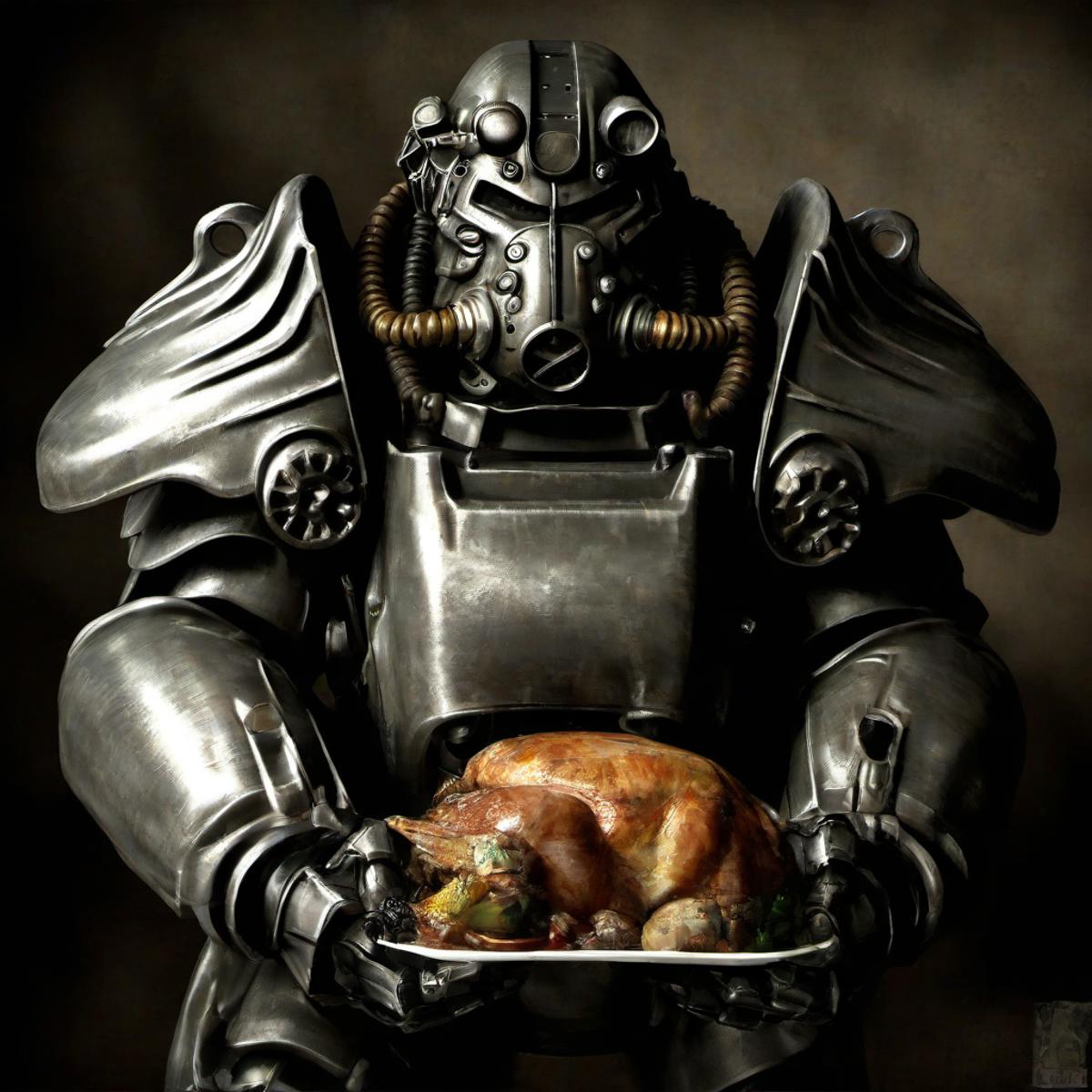 Robot holding a plate with a turkey on it.