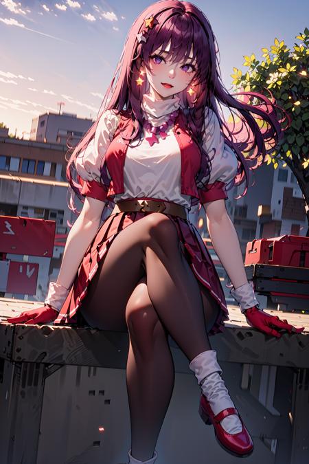 (masterpiece, top quality, best quality, official art, beautiful and aesthetic:1.2), (1girl:1.3), (fractal art:1.3), 
solo, athena97,
sitting,crossed legs, beautiful legs, 
purple eyes, purple hair, long hair, earrings, red hairband, star hair ornament, red shoes,( white socks:1.3), 
 medium breats, red open vest, white turtleneck, white puffy sleeves, short sleeves, red pleated skirt, deep red pantyhose,yellow belt,puple spherical necklace, red fingerless gloves,
(outdoors),  sunlight, cosplay photo,  (cinmatic:0.4),street simple background, <lora:Athena97extra:0.9>