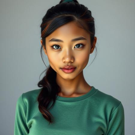 1girl, realistic, realistic photography, professional photography, photo from head to stomach, formal pose, facing towards the camera, head not out of frame, a 20 year old girl, light brown skin, height 155cm, chest circumference 68cm, lower chest circumference 63cm, round chest shape, stomach circumference 63cm, waist circumference 63cm, upper hip circumference 65cm, hip circumference 63cm, round face, slight chin slit, small ears, straight nose, bow shaped lips, round eyes, green eyes, thick straight eyebrows with a slight gentle curve, very long hair touching the hips, slightly wavy black hair slightly reddish, hair combed back, hair tied in a ponytail, only 1 ponytail, no front bangs, no side bangs, no fringe, dark green hair tie, wearing a long sleeved cotton t-shirt without buttons with an o neck collar, t-shirt covering up to the ankles, green t-shirt, wearing green stilettos, no make-up face, wearing a pair of gold earrings, wearing a gold necklace, not wearing a ring, not wearing a bracelet, no blush on the nose, no blush on the cheeks, no blush on the face, white wall background, professional photo studio lighting, accurate anatomy, detailed anatomy, realistic anatomy, detailed skin texture, realistic skin texture, detailed skin pores, realistic skin pores, detailed face, realistic face,